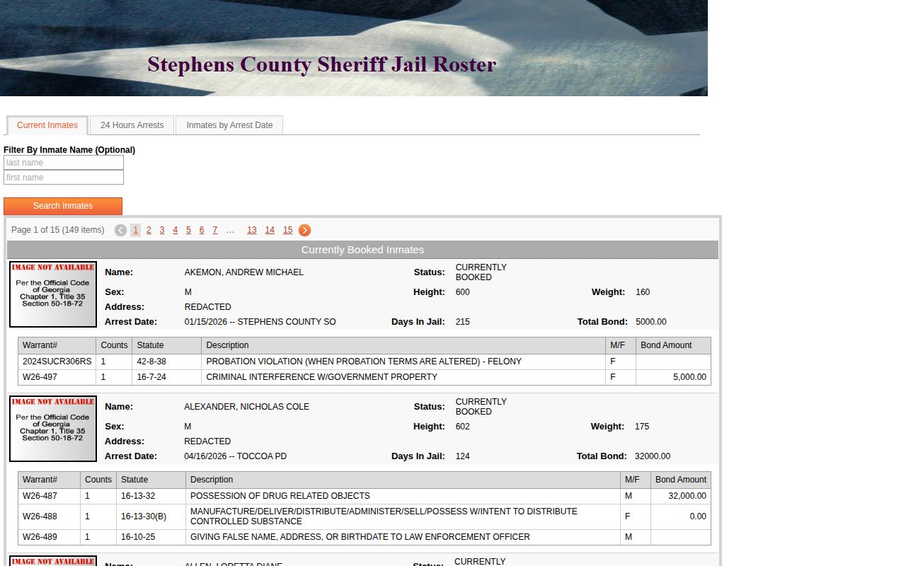Stephens County jail roster current inmate search interface