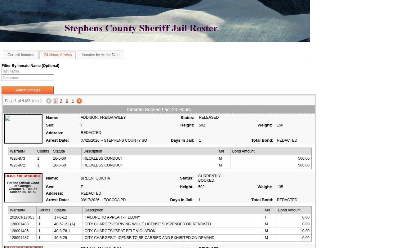 Stephens County nominal 24 hour arrests tab