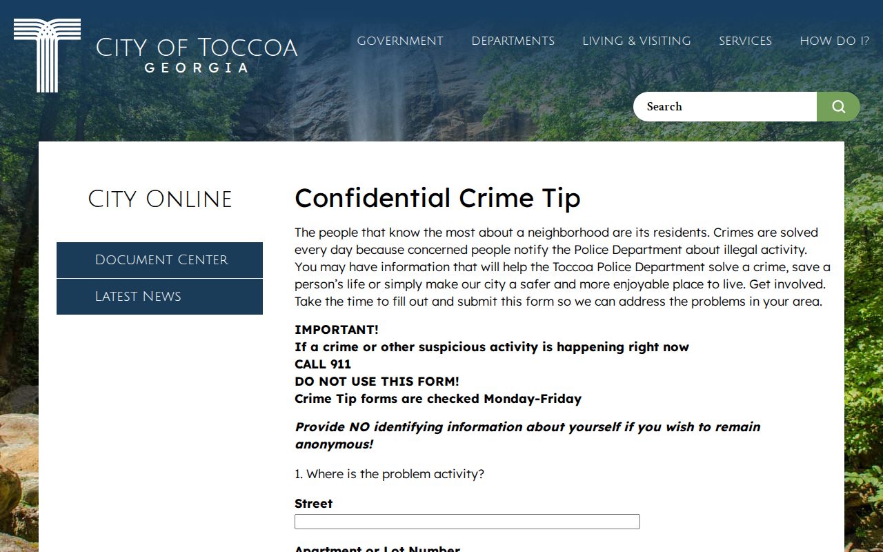 Toccoa Police confidential crime tip form for Stephens County